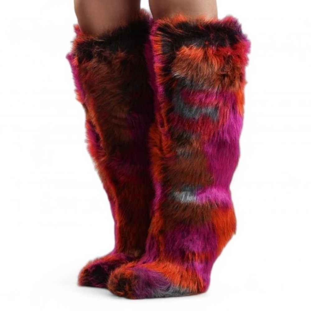 AZALEA WANG "FURRY SHOWSTOPPER" Colorful Faux Fur Over the Knee Boots